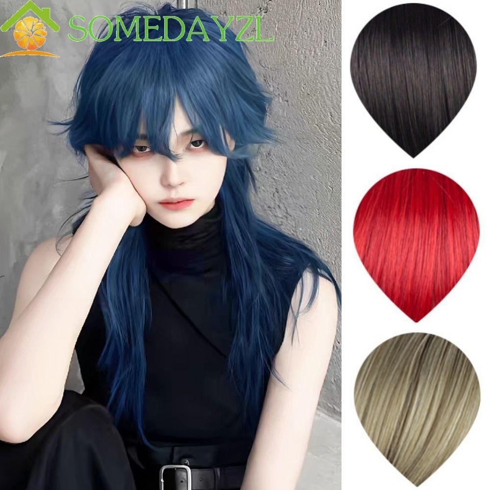 Somedayzl Mullet หัววิกผม Bangs, สังเคราะห ์ ตรงยาวคอสเพลย ์ วิกผมฮาโลวีนสีฟ ้ าชั ้ นทนความร ้ อนอะนิเมะผู ้ ชายวิกผมปาร ์ ตี ้