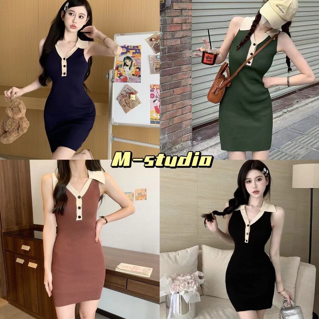 Maze พร้อมส่ง มินิเดรสทรงเอ รัดรูป แขนกุด คอปกกระดุมเรียงด้านหน้าผ้านุ่มใส่สบายงานน่ารักเก๋มาก(Y2607)