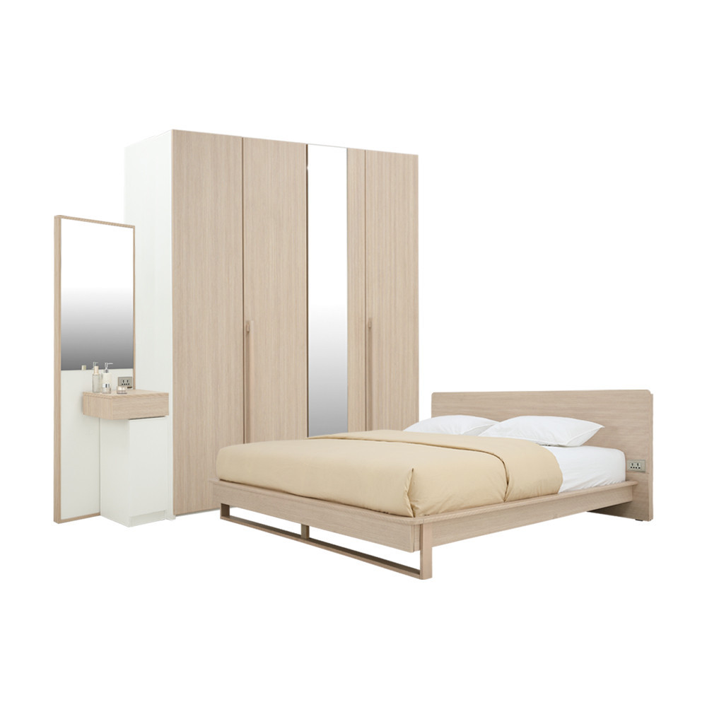 INDEX LIVING MALL ชุดห้องนอน รุ่นชิบูย่า ขนาด 6 ฟุต (เตียง, ตู้เสื้อผ้า 4 บาน, โต๊ะเครื่องแป้ง) - สีไลท์ โอ๊ค