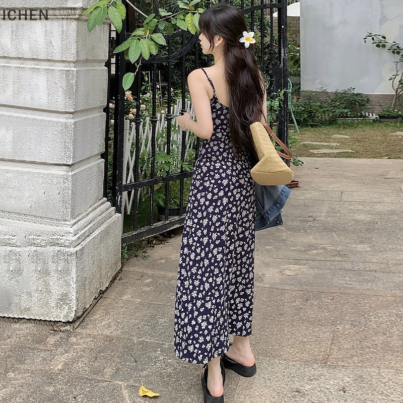 【ICHEN 】 ชุดเดรสสายเอี ๊ ยมความยาวกลางชุดดอกไม ้ ฤดูร ้ อนเปลือยเซ ็ กซี ่ หรูหรา YU