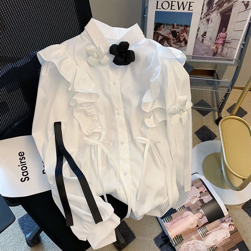 Women's Long Sleeve Chic Coat Top Flower High-Grade French Style Spring Loose Shirt Ruffled Spring Palace Style NYNL