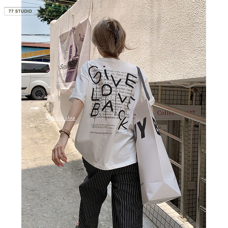 พร้อมส่ง เสื้อยืดคอกลมแขนสั้นoversize 6 ไซส์ สีขาว เรียบๆ ชิคๆพิมพ์ลาย แฟชั่นสไตล์เกาหลี