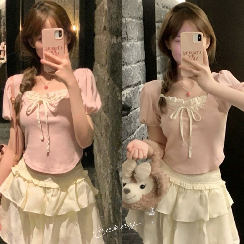 (พร้อมส่งจากกรุงเทพ🇹🇭) เสื้อยืดแขนสั้นผู้หญิง เสื้อคอเหลี่ยมแฟชั่นฤดูร้อน RR026