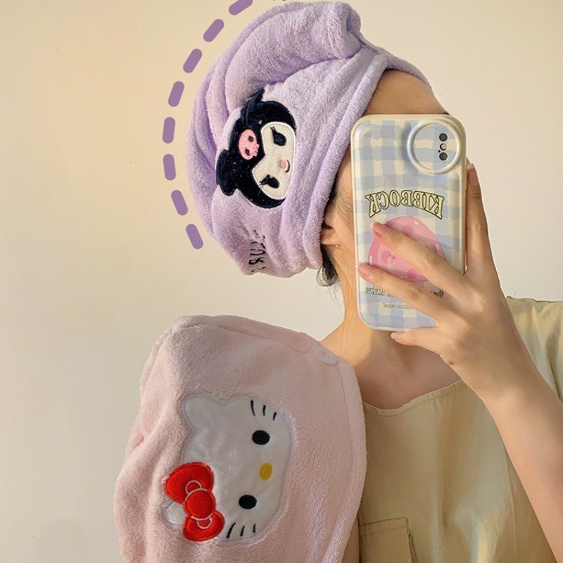 Sanrio Soft Hello Kitty Kuromi My Melody ผ้าขนหนูหมวกอาบน้ําผ้าเช็ดตัวหมวกผู้หญิงหมวกผมแห้งแห้งเร็วนุ่มสําหรับสาวผ้าเช็ดตัว