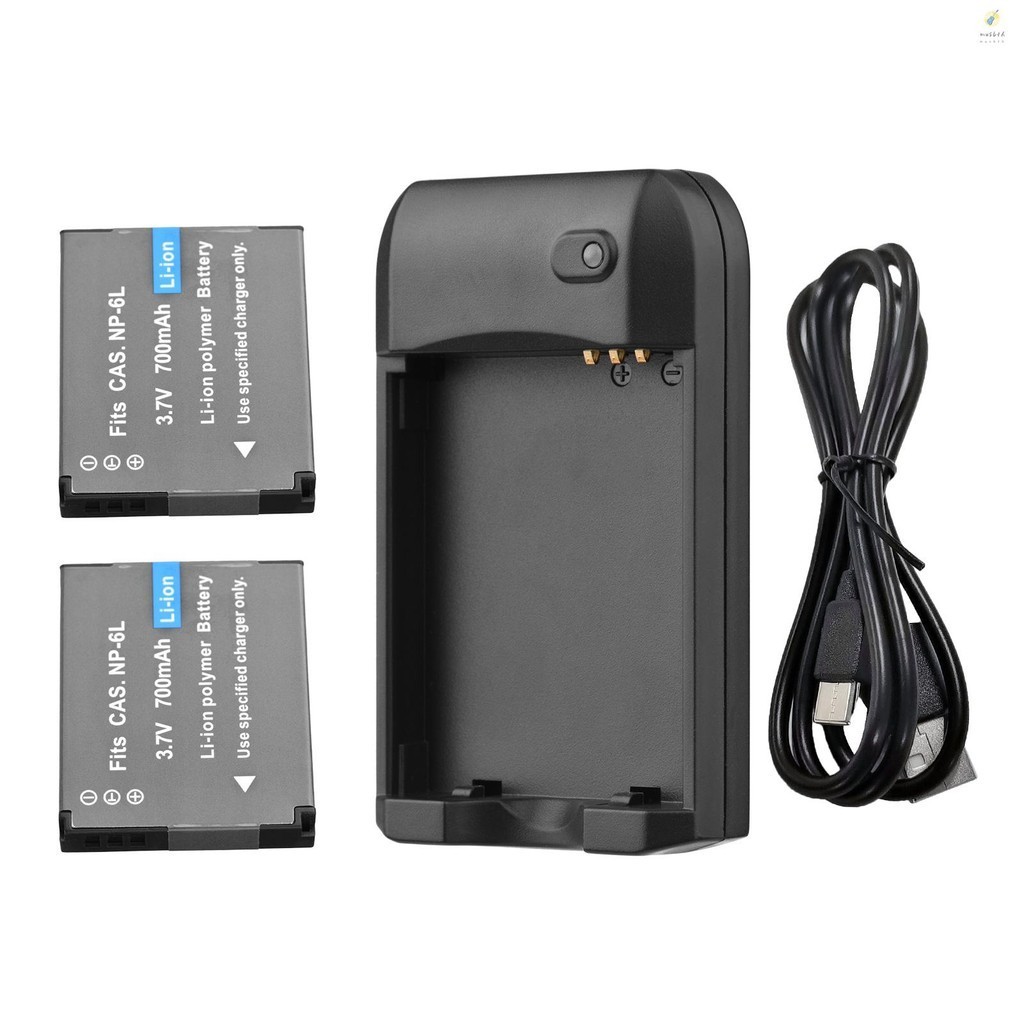 Np-6l เครื่องชาร์จแบตเตอรี่พร้อมไฟแสดงสถานะ LED + แบตเตอรี่ NP-6L 2 ชิ้น 3.7V 700mAh พร้อมสายชาร์จ USB