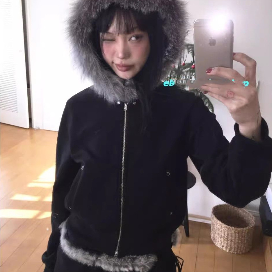 ใหม ่ Patchwork Fur Collar Hooded Zippered Cardigan Hoodie ผู ้ หญิงหลวมแขนยาวเสื ้ อแจ ็ คเก ็ ตอินเทรนด ์