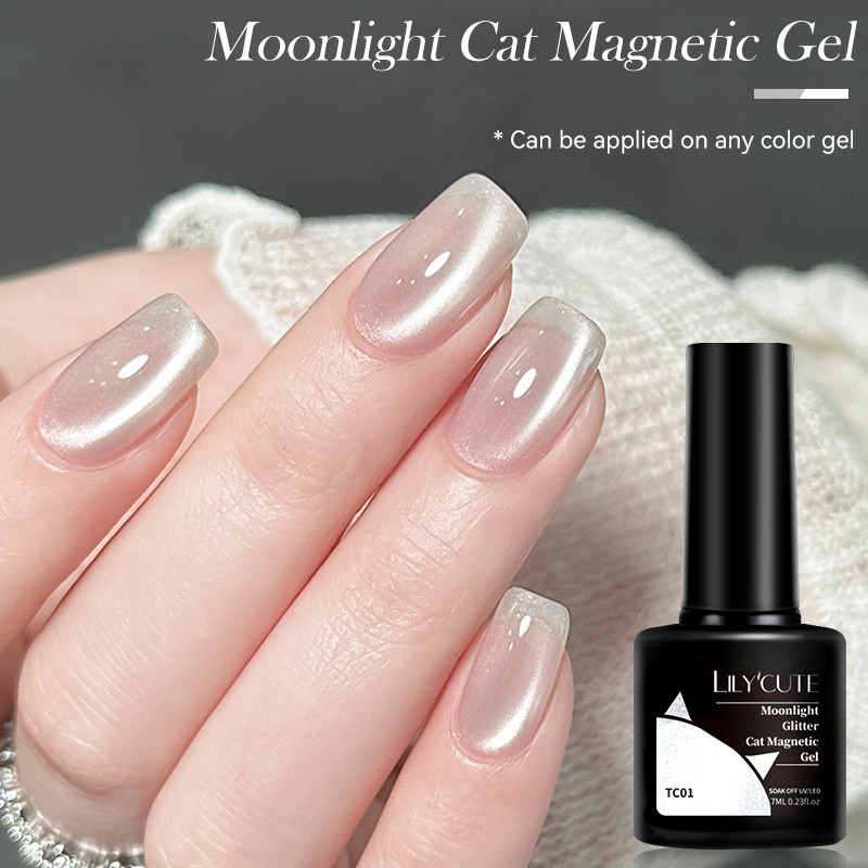 LILYCUTE Glitter Moonlight Cat Magnetic Gel Polish สีม่วงสีชมพูประกายกึ่งถาวร UV Gel Soak Off Shining Gel Polish