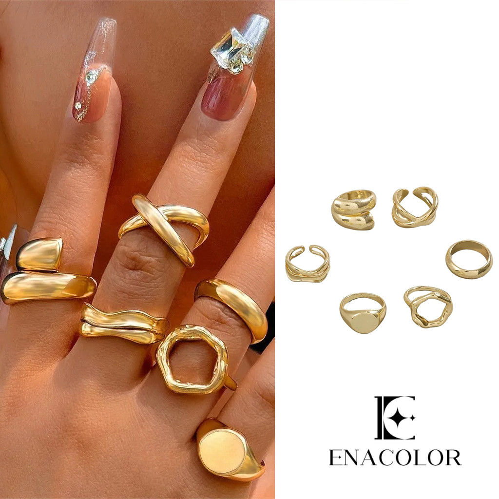 Enacolor Elegant Gold แหวนชุดเครื ่ องประดับโลหะยุ ้ ยเรขาคณิต Arcs เปิดแหวนชุดสําหรับผู ้ หญิงอุปกรณ ์ เสริม