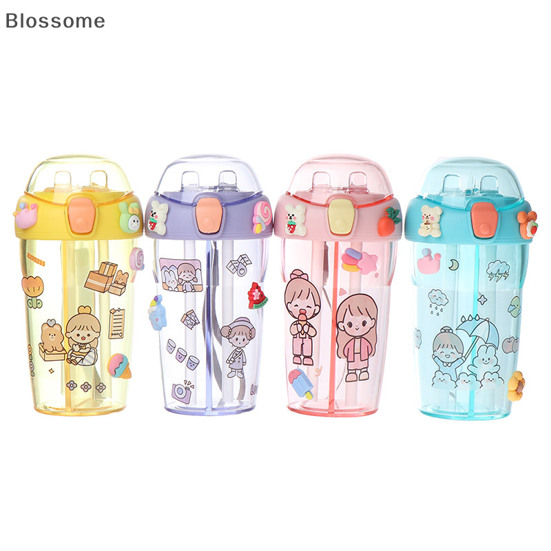 Blossome 430ml เด ็ กน ่ ารักขวดน ้ ําดื ่ มคู ่ หลอดพลาสติกแบบพกพาขวดใหม ่