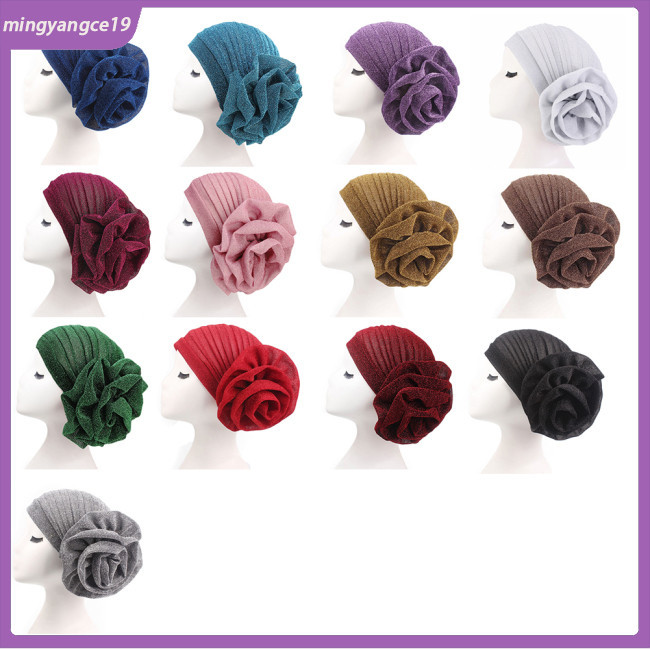 Cod Women Turban Elastic Glitter Big Flower Chemo Beanie สีทึบยืดหยุ่นหัวห่อหมวกหมวก Headwear