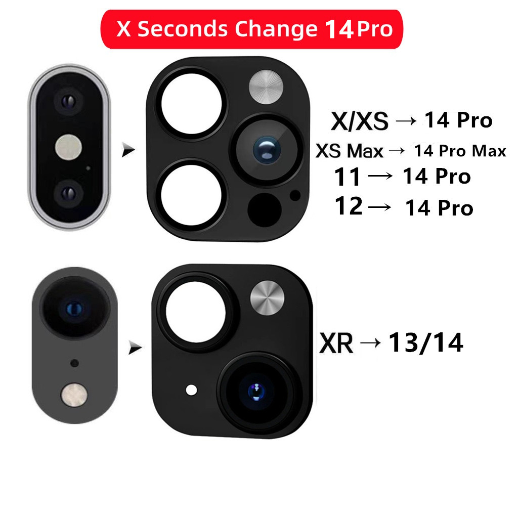 อัพเกรดใหม่เลนส์กล้องปลอมเปลี่ยนวินาทีสําหรับ iPhone XR X XS Max ถึง 13 14 14 Pro Max กลับฟิล์มโทรศัพท์สติกเกอร์โลหะผสมไทเทเนียมฝาครอบดัดแปลง