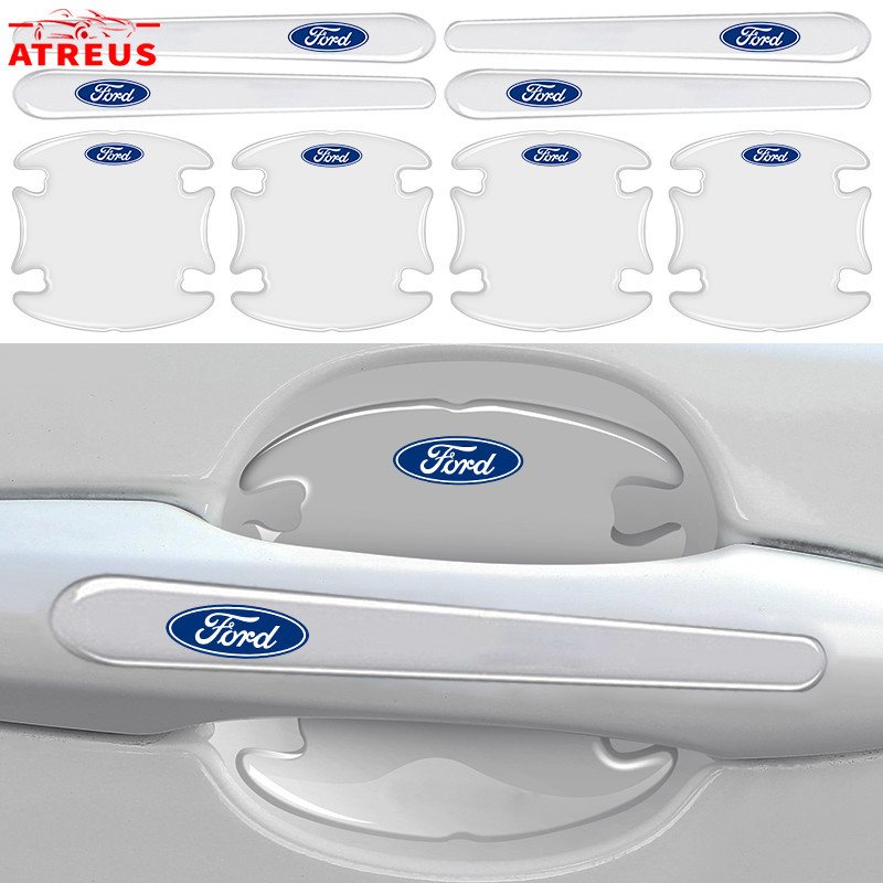 4/8 ชิ้น Ford ซิลิโคนกันรอยที่จับประตูรถยนต์ โปร่งใส แผ่นติดมือจับประตูรถยนต์ กันรอยขีดข่วน สติกเกอร์ตกแต่งรถยนต์ สำหรับ Ford Ranger Raptor Everest Fiesta Focus Mustang Escape Ecosport STI
