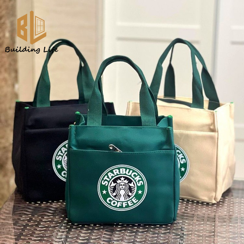 กระเป๋ากล่องข้าวสตาร์บัคส์ กระเป๋าโท้ทผ้าแคนวาสมีซิปกระเป๋าแม่ความจุขนาดใหญ่ถุงอาหารกลางวันสําหรับสํานักงานทํางานนักเรียนเพื่อเก็บถ้วยน้ําแ