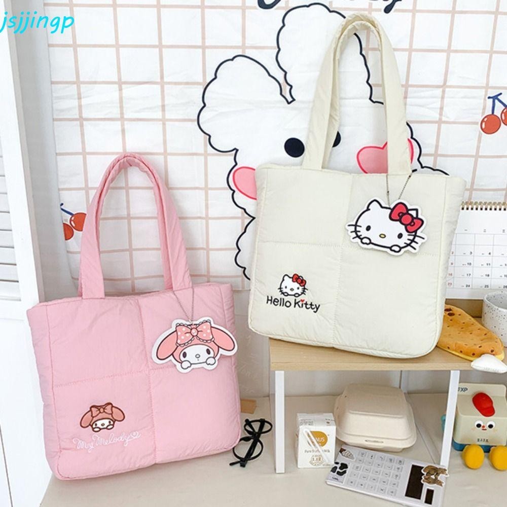 Jsjjingp Down Fabric Kuromi กระเป๋าสะพาย, Cinnamoroll ความจุขนาดใหญ่ Melody Tote Bag, Kawaii Kiity Cat Storage Bag สไตล์เกาหลีกระเป๋าถือการ์ตูนกลางแจ้ง
