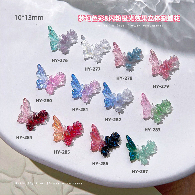 Noctilucent ผีเสื้ออุปกรณ์เพ้นท์เล็บ Aurora เรซิ่นผีเสื้อ 3D Glitter Rose อุปกรณ์เจาะเล็บ