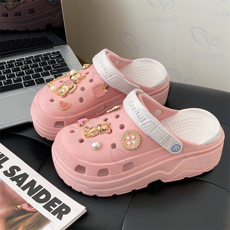H-13 DIAM/GLP/5GO รองเท้าหัวโต รองเท้ารัดส้น เสริมส้นสูง 5 CM สีพาสเทลทูโทน แถมตัวติดน่ารัก สินค้าพร้อมส่ง