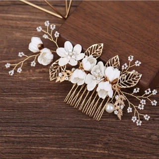 Handmade ดอกไม้ Hairpin Headdress ด้านข้างหวีผู้หญิง Golden Leaf รูปงานแต่งงาน Headpiece