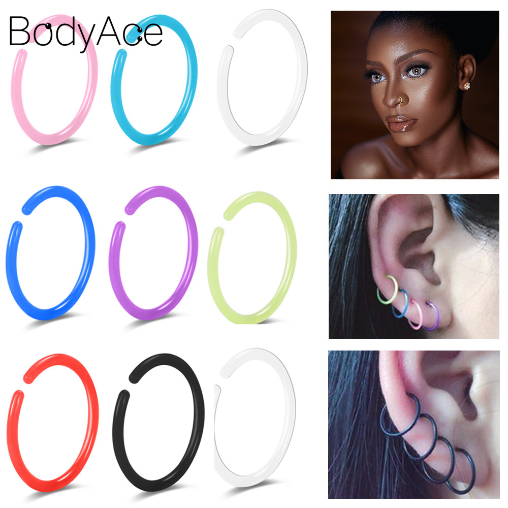 Bodyace 1 PC 18G/20G แหวนจมูกอะคริลิค Hoop ต่างหูวงกลมสีม่วงต่างหู Snug หูสตั๊ด Lobe หูเจาะ Conch ต่างหู Septum แหวนจมูก