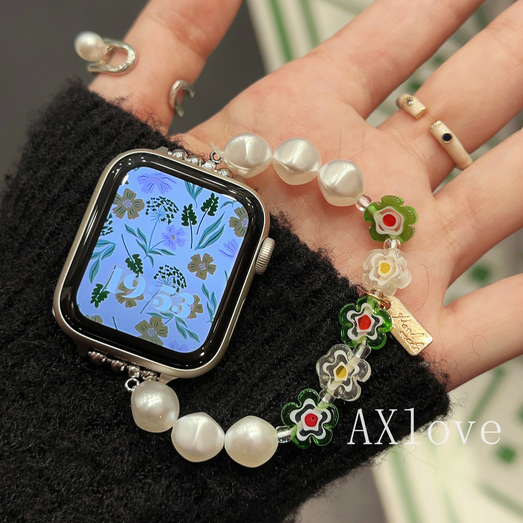 Ins Pearl ดอกไม้สําหรับ Apple Watch Series 9 49 มม.8 7 6 SE 4 5 3 45/44/42 มม.เครื่องประดับสร้อยข้อมือสําหรับ IWatch Ultra2 49 มม.40 มม.38 มม.ผู้หญิง