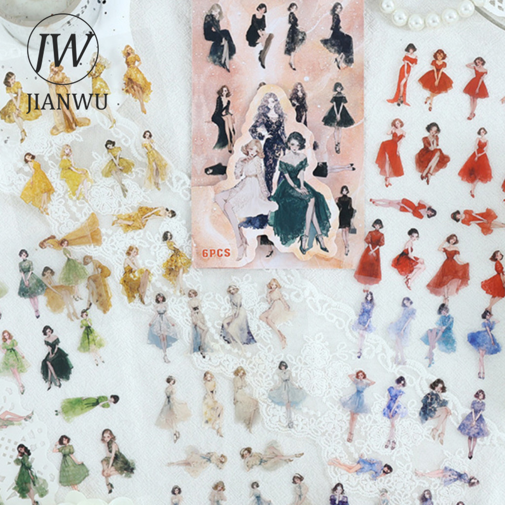 Jianwu The Modern Wave Series Vintage Girl Character วัสดุ Collage PET สติกเกอร์ Creative DIY Journal เครื่องเขียน