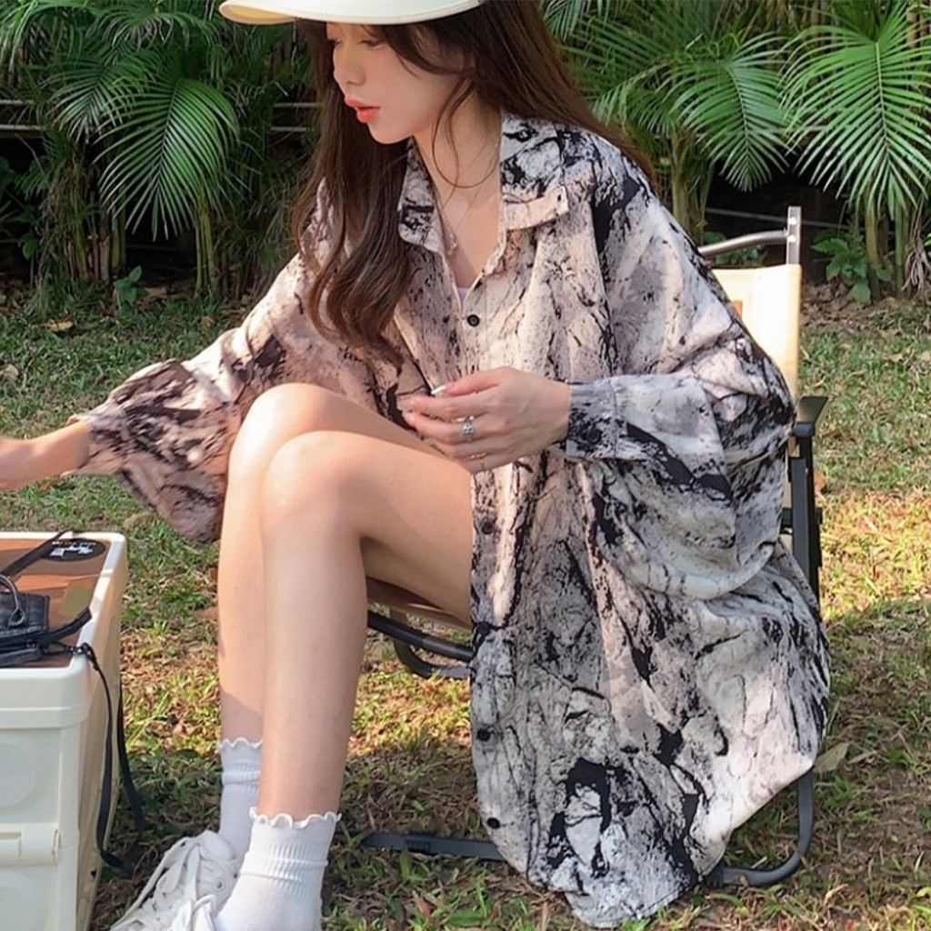 Lune_Graceเสื้อเชิ้ตแขนยาวลายมัดย้อม กระดุมหน้าแขนโคมไฟ คลุมกันแดดเก๋มาก แฟชั่นแนวเกาหลี รุ่นw401