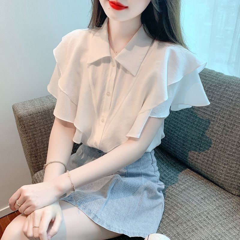 High-end เสื้อชีฟองแขนสั้นสีขาวผู้หญิงฤดูร้อนชุด 2024 สไตล์ใหม่ Ruffled Top แฟชั่น