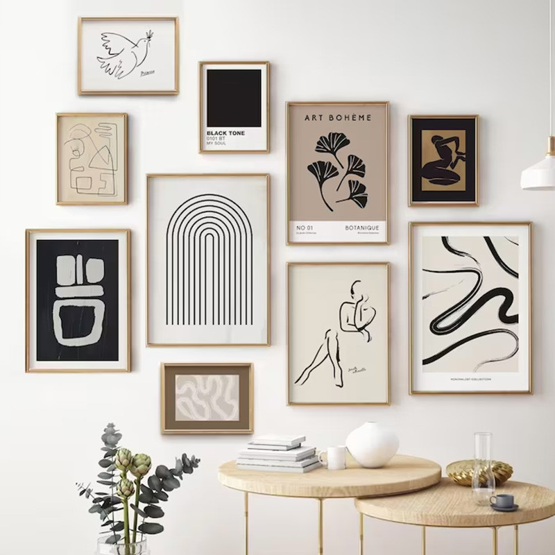 Boho สีดําสีขาวสีน้ําตาลบทคัดย่อ Line โปสเตอร์โมเดิร์น Neutral Minimalist Gallery ภาพวาดผ้าใบห้องนอนห้องนั่งเล่น Wall Art