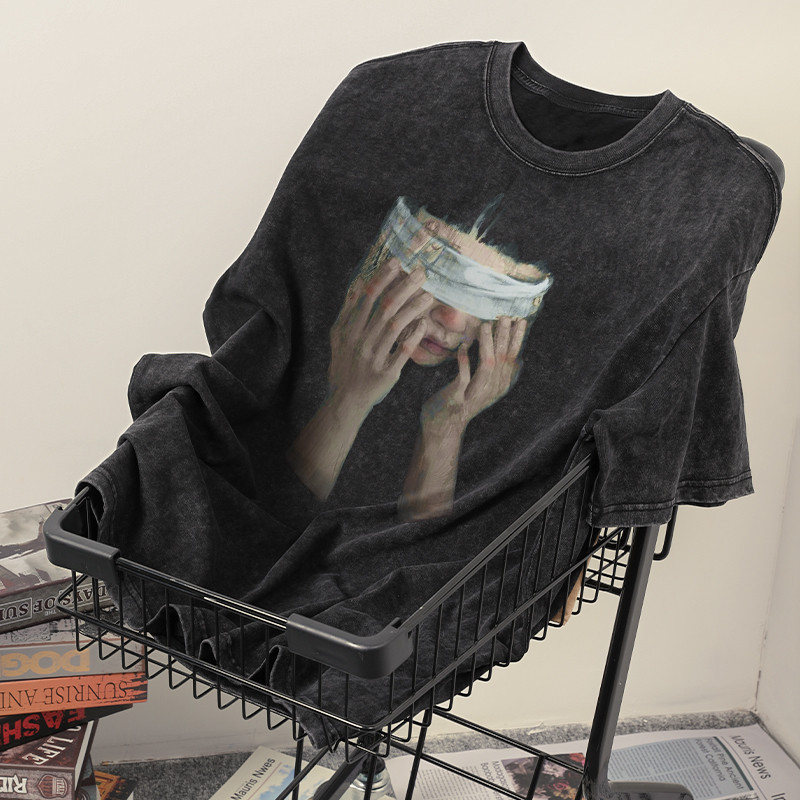 （จัดส่งตลอด 24 ชั่วโมง）Woo Right เสื้อยืดฟอก oversize เสื้อยืดชายเท่ๆ ด้านบนคอกลมผ้าฝ้ายแฟชั่นสีดำ T115 HY