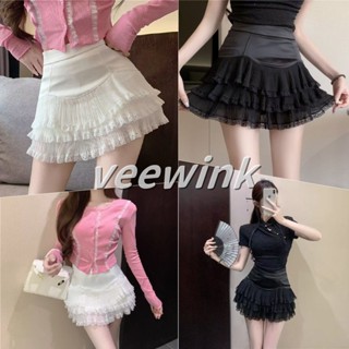 Veewink♔กระโปรงลายลูกไม้ A-Line♔ ระบาย 3 ชั้นแบบเว้าเฉลี่ยว！…
