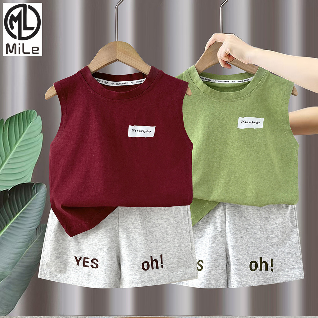 [มล] 80-160ซม ชุดเสื้อกั๊กผ้าฝ้ายเด็กผ้าฝ้ายแท้แขนกุดสาวฤดูร้อนเวอร์ชั่นเกาหลีเด็กเสื้อผ้าเด็กชายชุดสองชิ้น