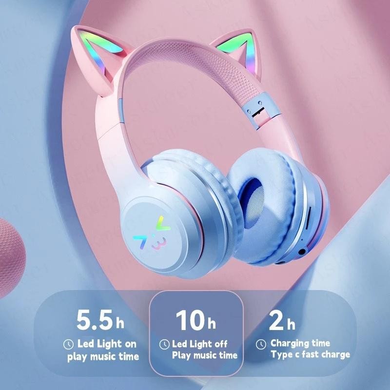 【SanLio】ชุดหูฟังบลูทูธไร้สาย RGB ทรงหูแมว พร้อมไมโครโฟน ตัดเสียงรบกวน สีชมพู สําหรับโทรศัพท์มือถือ เล่นเกม earphone