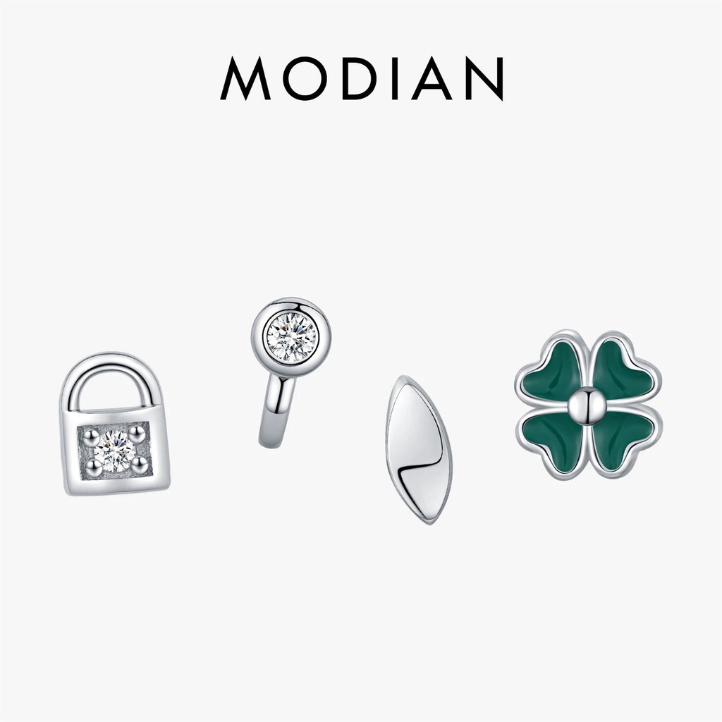 Modian 4PCS Tiny ต่างหู 925 เงินสเตอร์ลิงล็อคและ Key และ Four Leaf Clover แฟชั่น Stackable Stud ต่างหูสําหรับผู้หญิงเครื่องประดับ