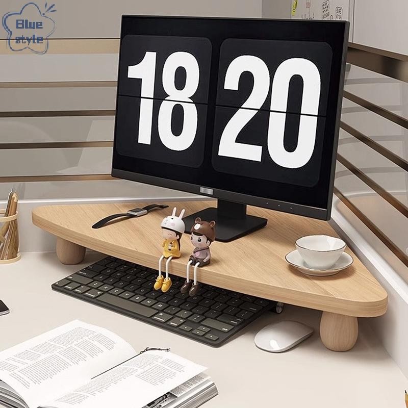 Bluestyle 90 องศาสามเหลี่ยมที่วางจอคอมพิวเตอร์หน้าจอพีซีชั้นวางไม้เดสก์ท็อปขาตั้งจอแสดงผลโต๊ะจัดเก็บวงเล็บใหม่