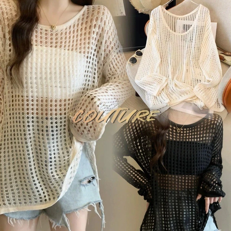 Couture (ส่งจากกรุงเทพฯ)เสื้อถักตาข่าย Summer style/ไตล์ใหม่ขี้เกียจหลวมครอบคลุมเนื้อครีมกันแดดเสื้อรอบคอออกแบบย