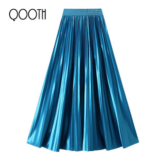 Qooth ฤดูใบไม้ผลิใหม่กระโปรง Bright และ Glossy เอวสูงจีบเอวย…