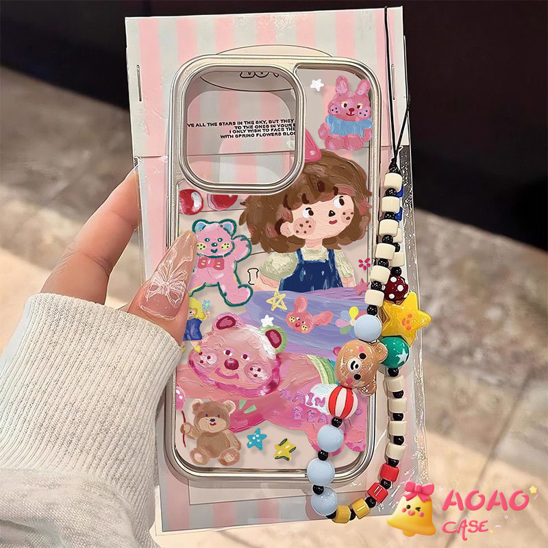 เคสไอโฟน16 สำหรับ iPhone 11 13 15 12 16 14 Pro Max XR 7 8 16 15 Plus X XS MAX สาวน่ารักหมีหมีไฟฟ้าสร้อยข้อมือโปร่งใส