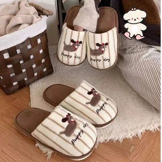 ฉี่เตียว สบายๆน่ารักลูกสุนัขคมชัดสีลายคู่รองเท้าแตะผ้าฝ้ายห้องนอนฤดูใบไม้ร่วงฤดูหนาวให้อบอุ่น