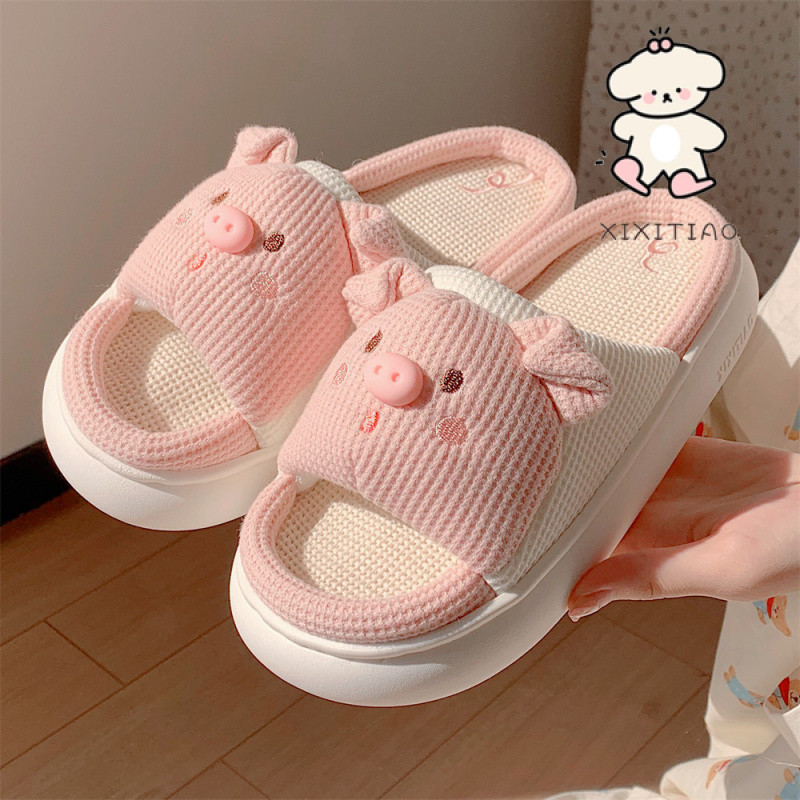Xixitiao Four Seasons Universal Soft หนา-Soled รองเท้าแตะผ้าลินินน่ารัก Piggy Home รองเท้าแตะ