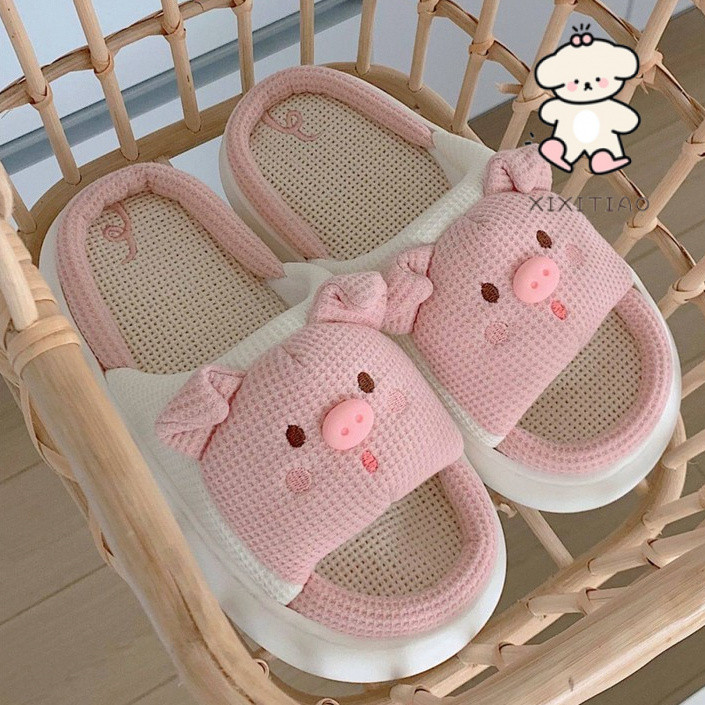 Xixitiao Four Seasons Universal Soft หนา-Soled รองเท้าแตะผ้าลินินน่ารัก Piggy Home รองเท้าแตะ