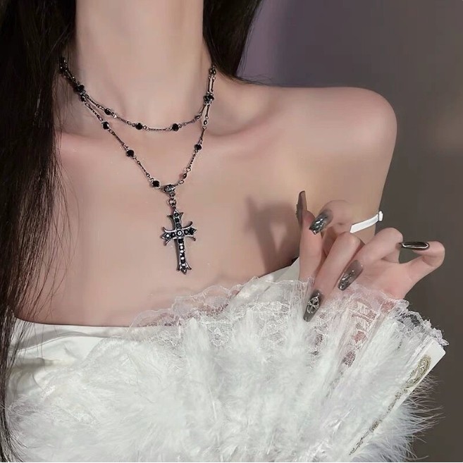 Benge แฟชั่น Dark Zirconia Cross สร้อยคอลูกปัดผู้หญิงยาวสองชั้นวันหยุดของขวัญอุปกรณ์เสริม