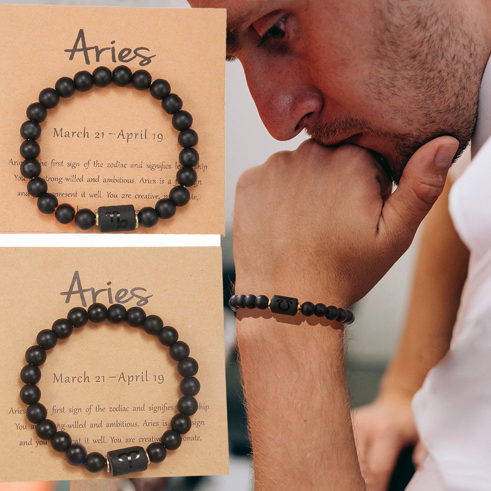 Simple 12 Constellation Charm สร้อยข้อมือสีดํา Matted หินยืดหยุ่นกําไลข้อมือผู้ชายผู้หญิงสายรัดข้อมือเครื่องประดับ