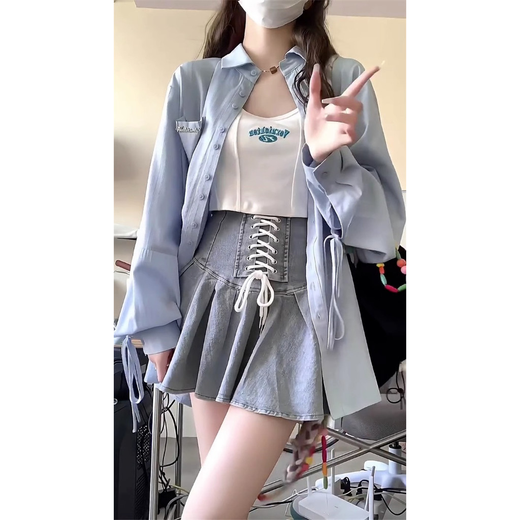 PKB009 เสื้อเชิ้ตสีฟ้าแขนยาวผู้หญิง อก40 ฟรีไซส์ เสื้อทํางานแฟชั่นเกาหลีลำลองสไตล์สวยๆ แมชง่ายกับทุก