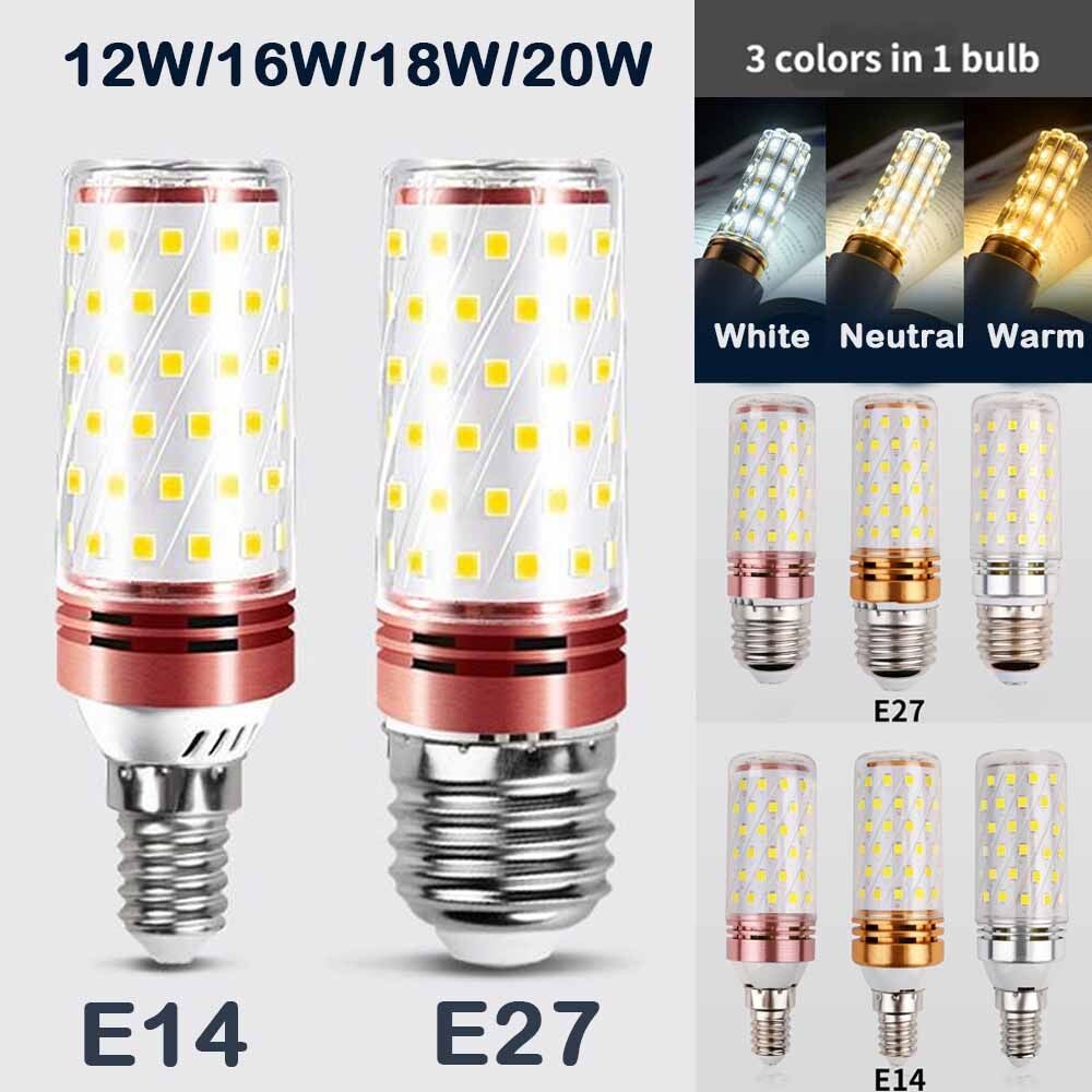 220v หลอดไฟ Led E14 หลอดไฟ Led เทียน E27 ตารางโคมไฟข้าวโพด Led สามสีอุณหภูมิ 12W 16W 18W 20W โคมระย้า