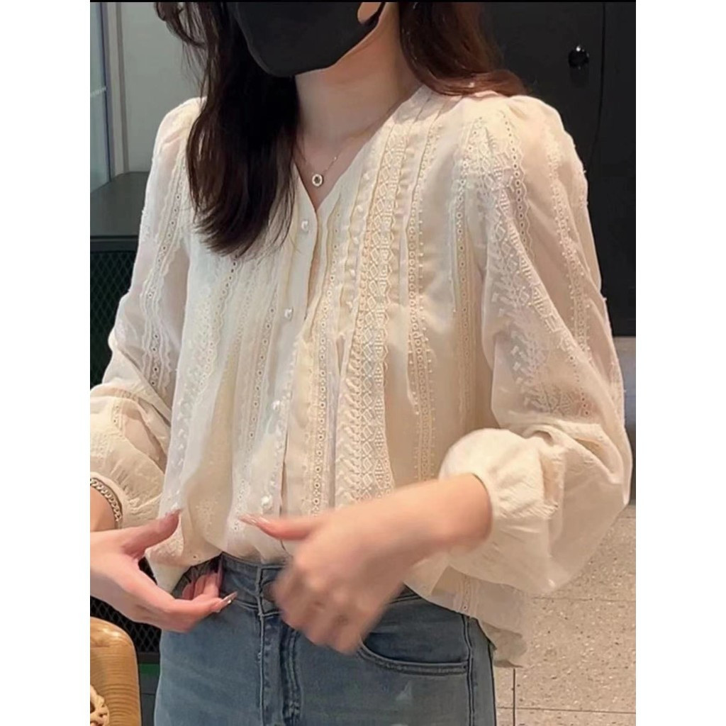เสื้อเชิ้ตแขนยาวหน้าใหญ่สดใสสำหรับผู้หญิงเสื้อผ้าฤดูใบไม้ร่วงใหม่ปักเสื้อเชิ้ตตัวเล็กแขนโคมไฟฝรั่งเศสสวัสดีเรา t9qp vlx5