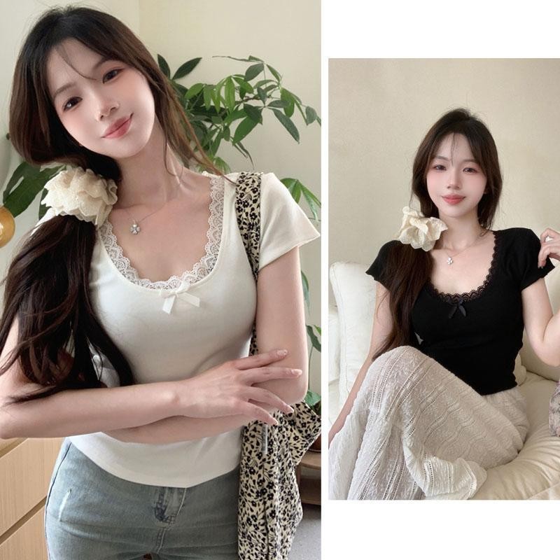 เสื้อยืดแขนสั้นหวานสำหรับผู้หญิงปี สไตล์ใหม่อเนกประสงค์สลิมมิ่งเสื้อลูกไม้แฟชั่นเสื้อเชิ้ตลำลอง