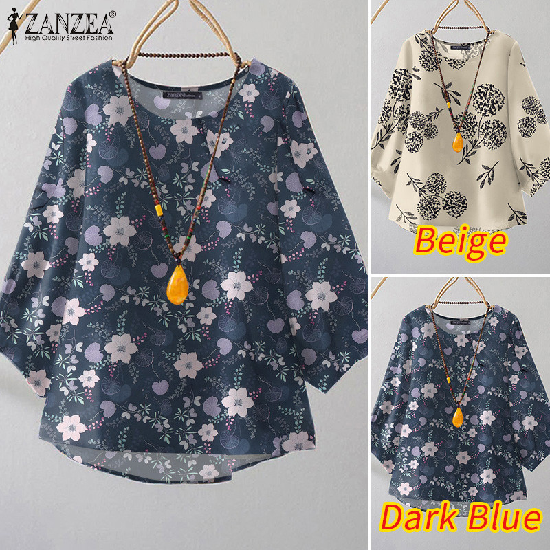 ZANZEA ใส่ ซานเซีย ผู้หญิงวินเทจวันหยุดสบายๆรอบคอหลวมพิมพ์เสื้อ — صورة 3
