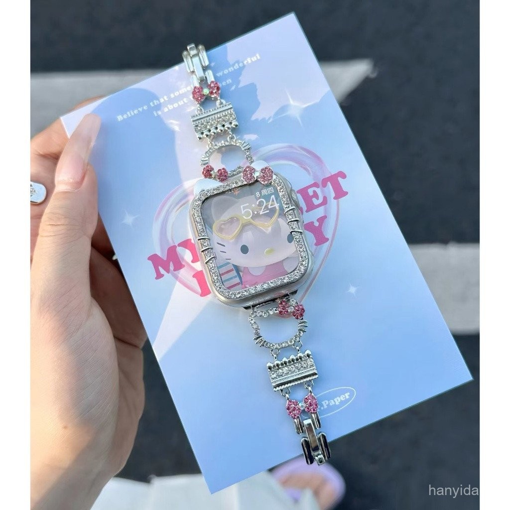 สายนาฬิกาเพชร Kitty น่ารักสำหรับ iWatch Series 9 8 7 6 5 4 3 2 1, se, SE2, Ultra, ultra 2 สายนาฬิกาทันสมัย 38mm 42mm 49mm 41mm 45mm 40mm 44mm สายนาฬิกาแบบห่วง
