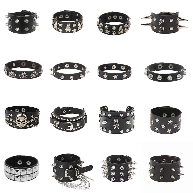 ขายร้อนหลายรูปแบบสร้อยข้อมือหนังสีดําผู้หญิง Man Punk แฟชั่น Rivet สร้อยข้อมืออุปกรณ์เสริม