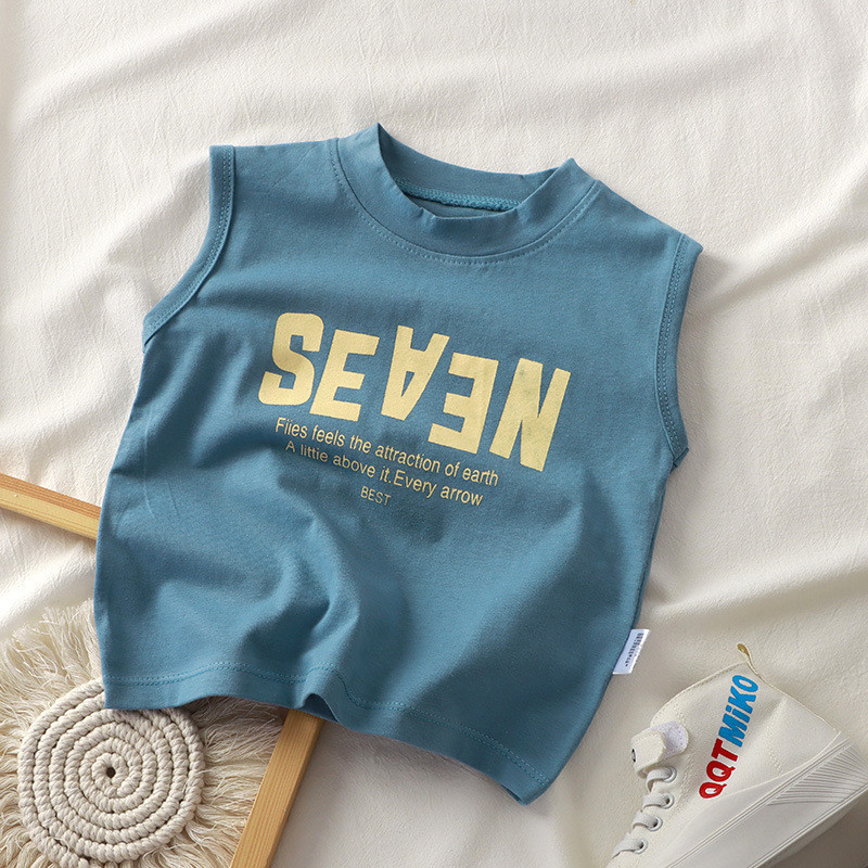 [เฮ้] 80-150 เด็กฤดูร้อนผ้าฝ้ายแท้ด้านบนเวอร์ชั่นเกาหลีเสื้อกั๊กไหล่กว้างชายหญิงเสื้อยืดแขนกุดเด็กใหญ่ทุกการแข่งขัน จุดต่ําสุด - รูปที่ 5