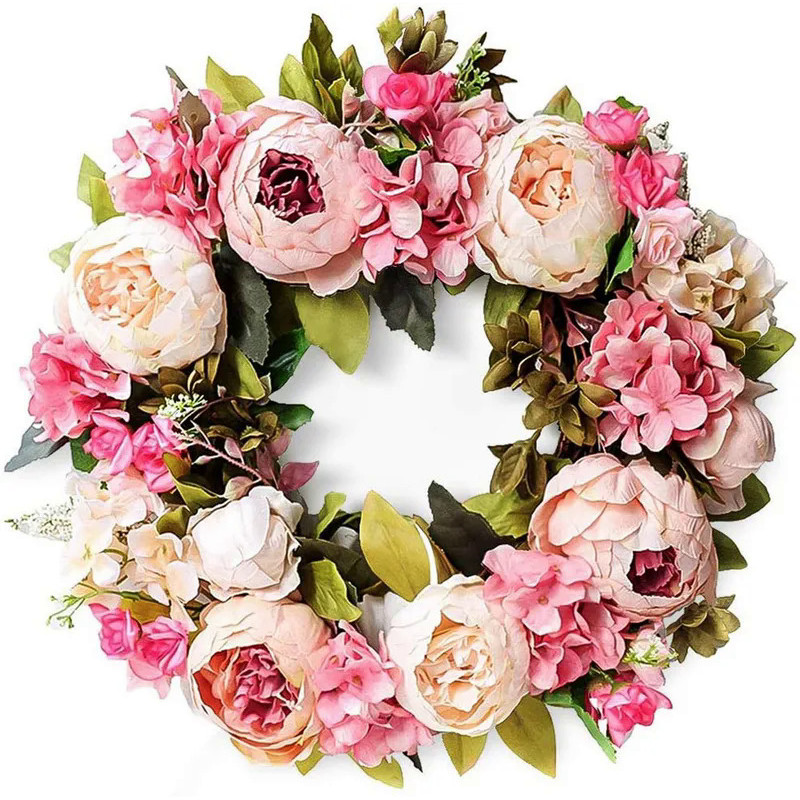 Artificial Flower Wreath Peony Round Wreath Door Wreath Summer Wreaths for Front Door Roses Garland 
